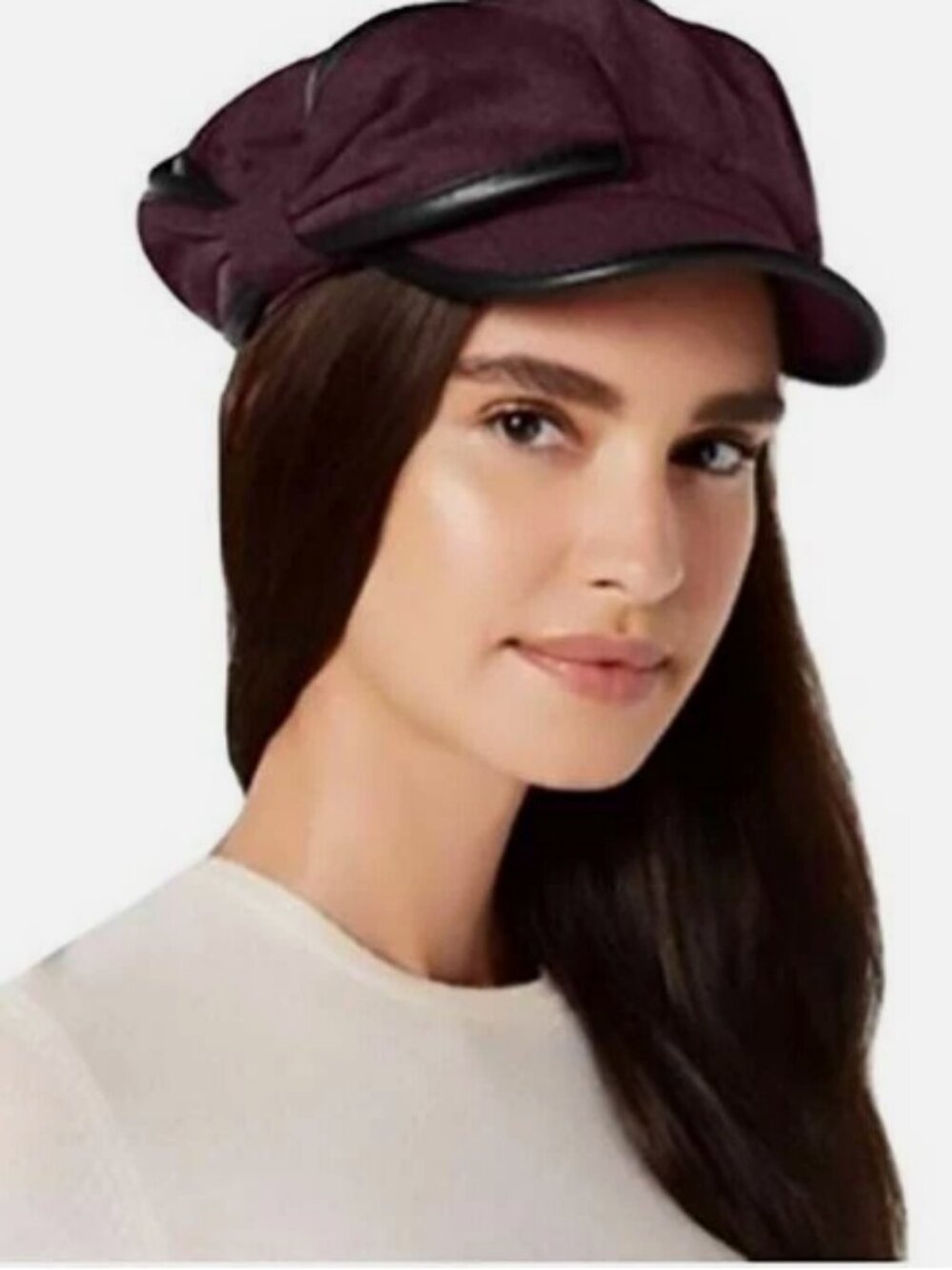 I.N.C. Women's Flannel & Faux-Leather Newsboy Cap, WINE, One Size